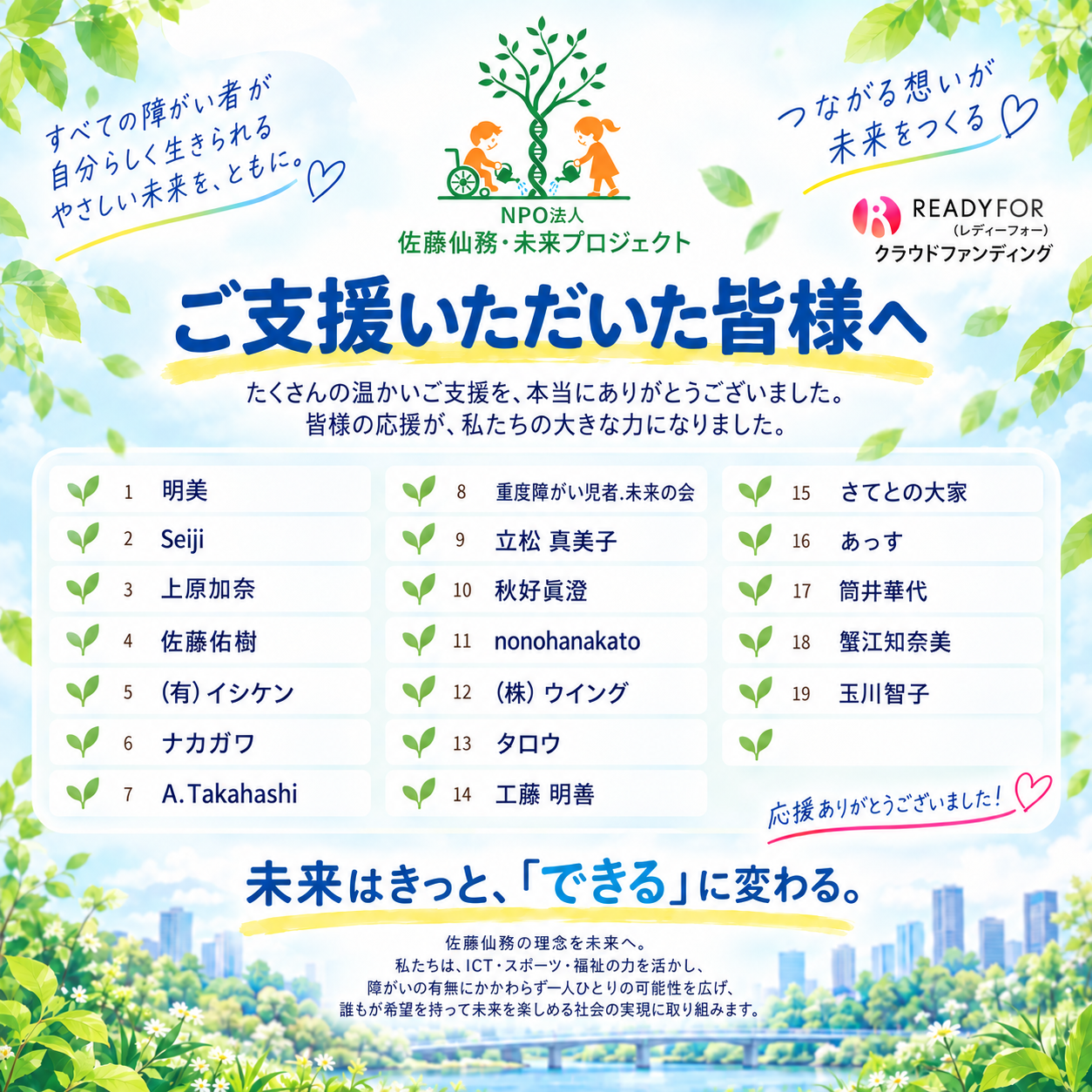 READYFORクラウドファンディング ご支援いただいた皆様への感謝と、ご支援者19名のお名前一覧。未来はきっと、「できる」に変わる。